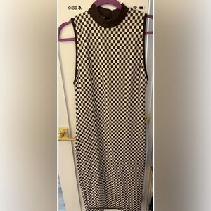 NWT Zara Sweater Knit Dress Womens Check Brown Sleeveless Midi Mock Neck Size L